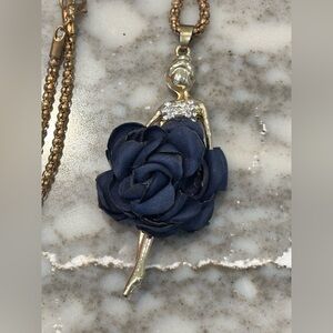 Betsy Johnson - Gold Tone Ballerina Pendant Necklace with Navy Fabric Rose